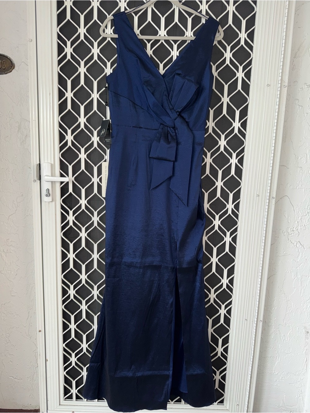 Adrianna Papell Midnight Navy V-Neck Maxi Dress with Front Tie